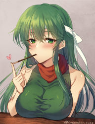 Rule 34 | 1girl, awayuki ramika, bare shoulders, blush, breasts, chocolate, dress, fire emblem, fire emblem: mystery of the emblem, food, food in mouth, green dress, green eyes, green hair, grey background, headband, holding, holding food, large breasts, long hair, looking at viewer, mouth hold, nintendo, palla (fire emblem), pocky, scarf, simple background, skin tight, sleeveless, sleeveless dress, solo, table, twitter username, upper body, white headband