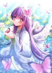 Rule 34 | 1girl, animal, aoshima kanae, blurry, blurry foreground, blush, bug, butterfly, butterfly hair ornament, closed mouth, depth of field, frilled kimono, frills, grey kimono, hair between eyes, hair ornament, hands up, highres, insect, japanese clothes, kimono, long hair, long sleeves, original, purple hair, red eyes, shallow water, smile, solo, very long hair, water, wide sleeves