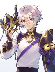 Rule 34 | 1boy, bishounen, black gloves, blue eyes, chinese clothes, closed mouth, commentary request, fate/grand order, fate (series), fingerless gloves, gem, gloves, gold trim, gradient background, grey hair, hair between eyes, highres, holding, holding mask, horned mask, long sleeves, looking at viewer, male focus, mask, unworn mask, orca9102, prince of lan ling (fate), purple gemstone, shirt, short hair, smile, solo, upper body