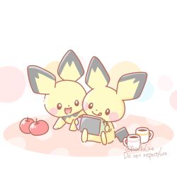 Rule 34 | :d, :p, animal focus, apple, artist name, asakoline, black eyes, colored skin, commentary request, creatures (company), cup, dot nose, food, fruit, game freak, gen 2 pokemon, mug, nintendo, nintendo switch, no humans, open mouth, pichu, pokemon, pokemon (creature), sitting, smile, tail, tongue, tongue out, white background, yellow skin