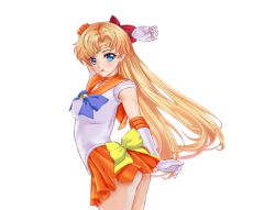 Rule 34 | 1girl, aino minako, arched back, arion canvas, arm up, armpits, ass, bishoujo senshi sailor moon, blonde hair, blouse, blue bow, blue bowtie, blue eyes, bow, bowtie, choker, collarbone, cowboy shot, elbow gloves, female focus, floating hair, from side, gloves, hair bow, long hair, looking at viewer, miniskirt, no panties, orange skirt, parted lips, pleated skirt, red bow, sailor collar, sailor senshi uniform, sailor venus, shirt, short sleeves, simple background, skirt, solo, standing, transparent background, very long hair, white background, white gloves, white shirt, yellow bow