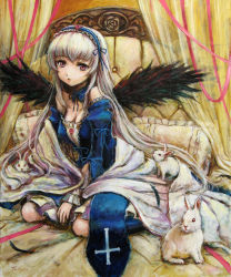 Rule 34 | 00s, 1girl, animal, bed, blanket, blush, bow, breasts, rabbit, cleavage, dress, feathers, flower, frills, hairband, long hair, md5 mismatch, pillow, pink eyes, red rose, ribbon, rose, rozen maiden, sitting, solo, suigintou, tafuto, traditional media, wariza, white hair, wings