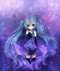 Rule 34 | 1girl, aqua hair, detached sleeves, hand on another&#039;s chest, hand on own chest, hatsune miku, inaresi, long hair, necktie, no nose, purple theme, skirt, solo, thighhighs, twintails, very long hair, vocaloid