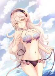 Rule 34 | 1girl, atoatto, bikini, bikini bottom only, black bikini, blush, breasts, cleavage, corrin (female) (fire emblem), corrin (fire emblem), cowboy shot, day, fire emblem, fire emblem cipher, fire emblem fates, hair between eyes, hair ornament, hairband, long hair, looking at viewer, medium breasts, navel, nintendo, open mouth, outdoors, pointy ears, red eyes, see-through, shell, simple background, smile, solo, stomach, swimsuit, very long hair, water, white hair