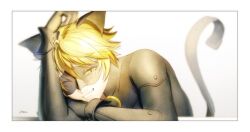 Rule 34 | 1boy, adrien agreste, animal ears, arm pillow, black bodysuit, black gloves, blonde hair, bodysuit, border, cat ears, catsuit, chat noir, domino mask, eye mask, fake animal ears, fake tail, gloves, green eyes, grin, hand on own arm, hand up, happy, head rest, hibidaikansya2, looking at viewer, male focus, mask, miraculous ladybug, one eye closed, short hair, signature, simple background, slit pupils, smile, solo, tail, upper body, white background