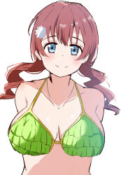 Rule 34 | 1girl, arms behind back, bare shoulders, bikini, blue eyes, blush, breasts, breasts apart, closed mouth, collarbone, commentary request, emma verde, flower, freckles, green bikini, hair flower, hair ornament, haruno riku, highres, jewelry, large breasts, looking at viewer, love live!, love live! nijigasaki high school idol club, low twintails, medium hair, necklace, red hair, sidelocks, smile, solo, swimsuit, twintails, upper body, white background