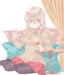 Rule 34 | 1girl, alternate costume, az toride, black pantyhose, breasts, brown eyes, brown sweater, cheese, cup, curtains, drinking glass, food, grey hair, kantai collection, medium breasts, pantyhose, pillow, plate, pleated skirt, pola (kancolle), red skirt, ribbed sweater, simple background, sitting, skirt, smile, solo, sweater, table, v, wavy hair, white background, wine glass, yokozuwari