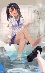 Rule 34 | absurdres, bare legs, barefoot, bathroom, bathtub, blush, highres, hmax, ijiranaide nagatoro-san, crossed legs, loafers, nagatoro hayase, partially submerged, pointing, school uniform, shoes, shower head, steaming body, swimsuit, swimsuit under clothes, wet, wet clothes