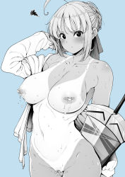 Rule 34 | 1girl, :t, ahoge, alternate breast size, arm up, artoria pendragon (all), artoria pendragon (fate), bandaid, bandaid on pussy, bandaids on nipples, blue background, blush, breasts, closed mouth, collarbone, cowboy shot, fate/stay night, fate (series), gluteal fold, highres, jacket, large breasts, long sleeves, looking at viewer, monochrome, naked jacket, navel, nipple slip, nipples, one-piece tan, pasties, pout, saber (fate), shirokuma (nankyoku), simple background, solo, stomach, sword, tan, tanline, v-shaped eyebrows, weapon, wet
