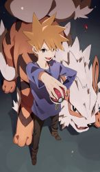Rule 34 | 1boy, :d, arcanine, blue oak, boots, brown eyes, brown footwear, brown hair, commentary request, creatures (company), embers, game freak, gen 1 pokemon, highres, holding, holding poke ball, long shirt, long sleeves, male focus, nintendo, open mouth, pants, poke ball, poke ball (basic), pokemon, pokemon (creature), pokemon rgby, purple shirt, shirt, short hair, smile, spiked hair, standing, tongue, urayamashiro (artist)
