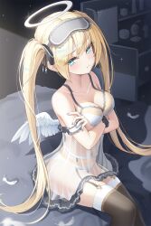 Rule 34 | 1girl, :t, angel, angel wings, arm garter, arms under breasts, bare shoulders, black ribbon, black scrunchie, black thighhighs, blonde hair, blue eyes, blue nails, breasts, chemise, cleavage, collarbone, commentary request, crossed arms, eyelashes, feathered wings, feathers, feet out of frame, fingernails, garter belt, hair ribbon, halo, highres, indoors, kira (kira78718520), light blush, long hair, looking at viewer, medium breasts, nail polish, on bed, original, panties, pout, ribbon, scrunchie, see-through, shadow, sitting, sleep mask, sleepwear, solo, sparkle, tearing up, thighhighs, twintails, underwear, very long hair, white halo, white panties, white wings, wings, wrist scrunchie