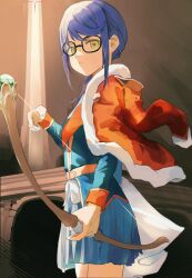 Rule 34 | 1girl, belt, belt buckle, black-framed eyewear, blue skirt, bow (weapon), brown background, buckle, closed mouth, commentary request, cowboy shot, from side, fur-trimmed jacket, fur trim, glasses, gradient background, green eyes, hair over shoulder, hand up, highres, holding, holding bow (weapon), holding weapon, hoshimi junna, jacket, jacket on shoulders, long hair, looking at viewer, looking to the side, low ponytail, miniskirt, pleated skirt, purple hair, red jacket, red sash, sash, shoujo kageki revue starlight, side ponytail, sidelocks, skirt, sodemizu, solo, sparkle, standing, swept bangs, waist cape, weapon, yellow belt