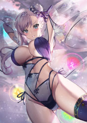 Rule 34 | 1girl, armpits, arms up, asymmetrical hair, bare hips, blue eyes, blush, breasts, bun cover, casual one-piece swimsuit, cleavage, cloud, cloudy sky, commentary request, day, elbow gloves, fate/grand order, fate (series), from below, gloves, gluteal fold, groin, hair bun, highleg, highleg swimsuit, highres, large breasts, lens flare, long hair, looking at viewer, looking down, miyamoto musashi (fate), miyamoto musashi (fate/grand order), miyamoto musashi (swimsuit berserker) (fate), miyamoto musashi (swimsuit berserker) (third ascension) (fate), navel, one-piece swimsuit, outdoors, parted lips, purple ribbon, purple thighhighs, ribbon, see-through, silver hair, single hair bun, single thighhigh, sky, solo, swept bangs, swimsuit, thighhighs, thighs, v-shaped eyebrows, white gloves, yoshimoto (dear life)