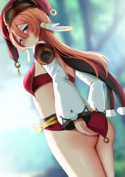 Rule 34 | 1girl, antlers, ass, blush, breasts, brown hair, come hither, detached sleeves, from behind, from below, genshin impact, ginhaha, green eyes, hat, highres, horns, long hair, looking at viewer, looking back, medium breasts, naughty face, no panties, no pants, shiny skin, sideboob, smile, solo, very long hair, yanfei (genshin impact)