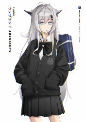 Rule 34 | 1girl, animal ears, arknights, bag, black bow, black bowtie, black cardigan, black skirt, blue eyes, bow, bowtie, cardigan, character name, collared shirt, copyright name, cowboy shot, female focus, hair ornament, hairclip, hands in pockets, highres, lappland (arknights), long hair, long sleeves, looking at viewer, miniskirt, mouth hold, no pupils, pleated skirt, school bag, school uniform, shirt, silver hair, simple background, sin., skirt, solo, very long hair, white background, white shirt, wolf ears