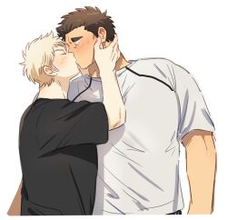 Rule 34 | 2boys, ace of diamond, bara, black hair, blonde hair, blush, closed eyes, couple, hands on another&#039;s head, harada masatoshi, height difference, kiss, looking at another, male focus, multiple boys, narumiya mei, nikame, short hair, simple background, size difference, sweatdrop, upper body, white background, yaoi