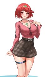 Rule 34 | 1girl, absurdres, alternate costume, belt, bikini, black bikini, black skirt, breasts, chest jewel, collarbone, commentary, cowboy shot, cross-laced clothes, english commentary, high-waist skirt, highres, large breasts, miniskirt, parfait desu, pyra (xenoblade), red eyes, red hair, red shirt, see-through, see-through skirt, shirt, short hair, simple background, skirt, solo, swimsuit, thigh strap, tiara, v-neck, white background, xenoblade chronicles (series), xenoblade chronicles 2