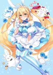 Rule 34 | 1girl, absurdres, ahoge, animal ears, argyle clothes, argyle thighhighs, artoria caster (fate), artoria caster (swimsuit) (fate), artoria caster (swimsuit) (second ascension) (fate), artoria pendragon (fate), bare shoulders, blonde hair, blue dress, blue thighhighs, blush, breasts, cookie, cup, cupcake, dress, fake animal ears, fate/grand order, fate (series), flower, food, fruit, green eyes, hairband, highres, long hair, looking at viewer, medium breasts, misaki346, pie, puffy short sleeves, puffy sleeves, rabbit, rabbit ears, rose, short sleeves, skirt, smile, solo, strawberry, striped clothes, striped thighhighs, teacup, teapot, thighhighs, twintails, vertical-striped clothes, vertical-striped thighhighs, white skirt