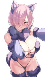 Rule 34 | 1girl, animal ears, areola slip, bare shoulders, black panties, blush, breasts, elbow gloves, fate/grand order, fate (series), gloves, hair over one eye, hickey, highres, kook, large breasts, looking at viewer, mash kyrielight, mash kyrielight (dangerous beast), navel, one eye closed, panties, parted lips, pink hair, purple eyes, purple gloves, purple thighhighs, short hair, solo focus, thighhighs, thighs, underwear
