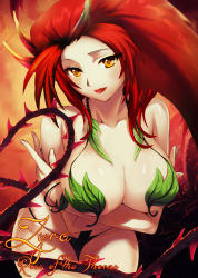 Rule 34 | 1girl, breasts, cleavage, large breasts, leaf, league of legends, leaning forward, long hair, looking at viewer, monster girl, parted lips, plant, red hair, reyard, self-upload, smile, solo, vines, yellow eyes, zyra