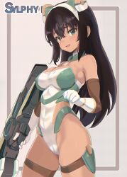 Rule 34 | 1girl, absurdres, airport96, black hair, breasts, character request, cleavage, copyright request, cowboy shot, gloves, gun, highres, leotard, looking at viewer, medium breasts, smile, weapon, white gloves