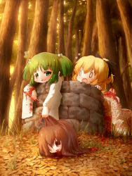 Rule 34 | 3girls, arinu, blonde hair, blood, blood from mouth, blush, bow, brown hair, corpse, death, decapitation, forest, grass, green eyes, green hair, guro, hair bobbles, hair bow, hair ornament, highres, japanese clothes, kimono, kisume, kurodani yamame, leaf, long hair, multiple girls, musical note, nail, nature, o o, open mouth, severed head, short hair, smile, tears, touhou, tree, well