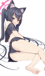 Rule 34 | 1girl, absurdres, animal ear fluff, animal ears, ass, barefoot, bikini, black bikini, black hair, blue archive, cat ears, closed mouth, frilled bikini, frills, hair ribbon, halterneck, highres, long hair, looking at viewer, lying, mole, mole on thigh, off-shoulder bikini, off shoulder, on side, red eyes, ribbon, ryeon (bluetom1), serika (blue archive), serika (swimsuit) (blue archive), simple background, solo, swimsuit, thighs, twintails, white background