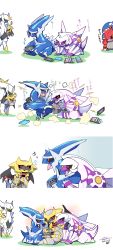 Rule 34 | arceus, azuma minatsu, blush stickers, carrying, chibi, creatures (company), dialga, dragon, dragon tail, embarrassed, fighting, game console, game freak, gen 3 pokemon, gen 4 pokemon, giratina, giratina (altered), groudon, highres, horns, kyogre, legendary pokemon, looking at another, mythical pokemon, nintendo, nintendo switch, palkia, pokemon, pokemon (creature), red eyes, siblings, size difference, standing, tail, translation request