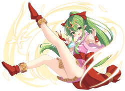 Rule 34 | 1girl, :d, absurdres, ass, bare legs, bare shoulders, blush, boots, bow, commentary request, dress, fire emblem, fire emblem: mystery of the emblem, full body, gem, green eyes, green hair, hair bow, hako momiji, hands up, highres, leg up, long hair, looking at viewer, nintendo, open mouth, pink dress, pink scarf, pointy ears, ponytail, red bow, red footwear, scarf, sleeveless, sleeveless dress, smile, solo, thick thighs, thighs, tiki (fire emblem), tiki (young) (fire emblem), very long hair, white background