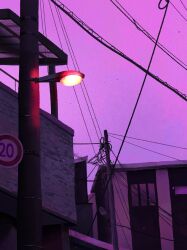 Rule 34 | building, city, clear sky, day, dusk, film grain, from below, highres, lamppost, no humans, original, outdoors, poupee (capo sung), power lines, purple sky, sky, speed limit sign, utility pole, window