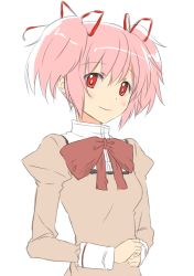 Rule 34 | 10s, 1girl, bow, bowtie, hair ribbon, kaname madoka, looking at viewer, mahou shoujo madoka magica, mahou shoujo madoka magica (anime), meet (105r), pink eyes, pink hair, red eyes, ribbon, school uniform, short hair, simple background, sketch, smile, solo, twintails, upper body, white background