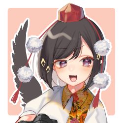 Rule 34 | 1girl, :d, alternate eye color, black hair, black wings, blush, border, camera, commentary request, feathered wings, hat, leaf print, leaf print, looking at viewer, mokokiyo (asaddr), open mouth, outline, outside border, pink background, pointy ears, pom pom (clothes), puffy short sleeves, puffy sleeves, purple eyes, shameimaru aya, shirt, short hair, short sleeves, sidelocks, simple background, single wing, smile, solo, swept bangs, tassel, tokin hat, touhou, upper body, white border, white outline, white shirt, wings