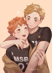 Rule 34 | 2boys, antweiyi, artist name, black shirt, blush, brown eyes, brown hair, brown jacket, closed mouth, haikyuu!!, hinata shouyou, holding, holding another&#039;s arm, hug, hug from behind, jacket, looking at another, male focus, miya atsumu, multiple boys, open clothes, open jacket, open mouth, orange eyes, orange hair, shirt, short hair, simple background, smile, upper body