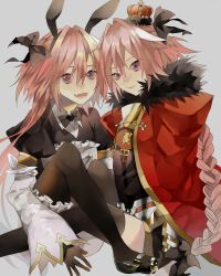 Rule 34 | 2boys, absurdres, animal ears, astolfo (fate), astolfo (saber) (fate), astolfo (saber) (third ascension) (fate), black bow, black bowtie, black thighhighs, bow, bowtie, braid, cape, crossdressing, crown, dress, dual persona, emasrrkn, fake animal ears, fang, fate/apocrypha, fate/grand order, fate (series), fur-trimmed cape, fur trim, garter straps, grey background, hair between eyes, hair bow, highres, looking at viewer, male focus, multicolored hair, multiple boys, open mouth, pink hair, purple eyes, rabbit ears, red cape, simple background, single braid, skin fang, smile, streaked hair, thighhighs, trap, white hair, wing collar