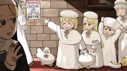 Rule 34 | 6+girls, ^ ^, ^o^, aged down, animal, arrow (symbol), bags under eyes, banana, bandaid, bandaid on hand, beret, bird, blonde hair, book, hugging book, brown eyes, brown hair, brown ribbon, capelet, chicken, child&#039;s drawing, closed eyes, clumsy nun (diva), commentary, curtains, diva (hyxpk), duck, duckling, english commentary, food, freckles, froggy nun (diva), frown, fruit, graffiti, grey hair, hand on another&#039;s shoulder, hat, highres, holding, holding animal, holding bird, holding book, hugging object, little nuns (diva), mole, mole on cheek, multiple girls, neck ribbon, nun, poster (object), ribbon, robe, sheep nun (diva), silhouette, spicy nun (diva), sticker, strict nun (diva), stuck, sweatdrop, tongue, tongue out, traditional nun, triangle mouth, waving arm, white headwear, white robe, window, writing on wall, yellow eyes