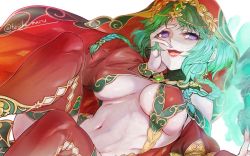 Rule 34 | 1girl, bare shoulders, bikini, blush, braid, breasts, detached sleeves, fate/grand order, fate (series), fire, green fire, green hair, halterneck, highleg, highleg bikini, large breasts, long sleeves, looking at viewer, navel, open mouth, parted bangs, puffy long sleeves, puffy sleeves, purple eyes, red bikini, red thighhighs, revealing clothes, salome (fate), short hair with long locks, sidelocks, skull, smile, solo, swimsuit, thighhighs, thighs, torichamaru, twin braids, underboob