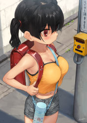Rule 34 | 1girl, backpack, bag, between breasts, black hair, breasts, camisole, child, cleavage, commentary request, eyes visible through hair, grey shorts, highres, kaedeko (kaedelic), large breasts, midriff, navel, oppai loli, original, outdoors, randoseru, red eyes, sasaki kanna (kaedeko), short hair, shorts, signature, solo, standing, strap between breasts, thighs, twintails, yellow camisole