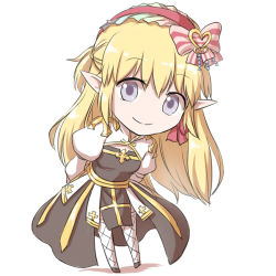 Rule 34 | 1girl, arch bishop (ragnarok online), arms behind back, black footwear, blonde hair, bow, breasts, chibi, cleavage cutout, closed mouth, clothing cutout, commentary request, cross, dress, fishnet thighhighs, fishnets, frilled hairband, frills, full body, hair bow, hairband, half updo, heart, juliet sleeves, leaning forward, long hair, long sleeves, looking at viewer, medium breasts, natsuya (kuttuki), pink bow, pink eyes, pointy ears, puffy sleeves, ragnarok online, red hairband, sash, shoes, short ponytail, simple background, smile, solo, striped, striped bow, thighhighs, two-tone bow, two-tone dress, white background, white bow, white dress, white thighhighs, yellow sash
