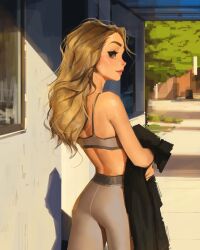 Rule 34 | 1girl, bare arms, bare shoulders, blonde hair, brown eyes, brown hair, closed mouth, coat, commentary, cowboy shot, english commentary, facing to the side, forehead, grey pants, highres, holding, holding clothes, holding coat, legs apart, long hair, original, outdoors, pants, pointy nose, red lips, sam yang, shadow, solo, standing, thick eyebrows, tree, yoga pants