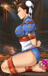 Rule 34 | 2girls, arms behind back, ass, barefoot, bdsm, body blush, bondage, bound, bound ankles, bound arms, bound legs, bound wrists, breasts, brown eyes, brown hair, bun cover, capcom, chain, chinese clothes, chun-li, double bun, from side, hair bun, han juri, highres, kneeling, large breasts, legs, long legs, looking at viewer, lost one zero, multiple girls, nail polish, seiza, short hair, sitting, street fighter, sweat, tape, tape bondage, tickling