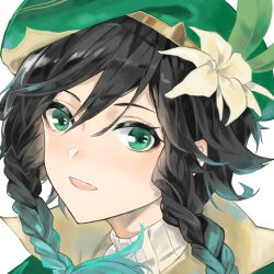 Rule 34 | 1boy, :d, absurdres, aqua hair, beret, black hair, braid, chinese commentary, commentary request, flower, genshin impact, gradient hair, green eyes, green hat, hair between eyes, hair flower, hair ornament, hat, highres, kongwuming, looking at viewer, male focus, multicolored hair, open mouth, short hair, simple background, smile, trap, twin braids, venti (genshin impact), white background, white flower
