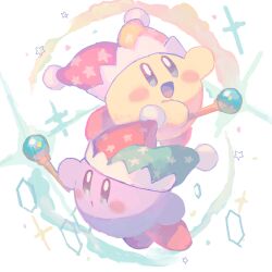 Rule 34 | :d, :o, beam kirby, black eyes, blush, blush stickers, bright pupils, dual persona, hand up, happy, hat, highres, holding, holding wand, jester cap, kirby, kirby (series), nintendo, no humans, open mouth, samitome, smile, sparkle, star (symbol), wand, white background, white pupils