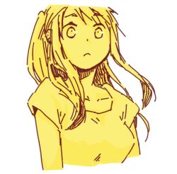 Rule 34 | 1girl, arms at sides, breasts, expressionless, floating hair, fullmetal alchemist, igi (tarqu0ise), looking away, lowres, medium breasts, monochrome, shirt, short sleeves, simple background, solo, upper body, white background, wide-eyed, winry rockbell, yellow theme