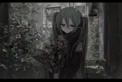Rule 34 | 1girl, abandoned, aqua eyes, aqua hair, black sleeves, bouquet, closed mouth, commentary, detached sleeves, dot mouth, falling petals, flower, foliage, hair between eyes, half-closed eyes, hatsune miku, headset, hen10, holding, holding bouquet, indoors, long bangs, long hair, looking at viewer, muted color, number tattoo, overgrown, petals, shoulder tattoo, sleeveless, solo, tattoo, twintails, upper body, vocaloid