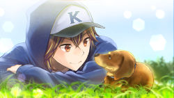 Rule 34 | 1boy, animal, baseball cap, blue sky, brown hair, closed mouth, day, dog, grass, hat, hood, hoodie, kikuchi mataha, kyo (vocaloid), long sleeves, male focus, outdoors, red eyes, sky, smile, solo, vocaloid, zola project