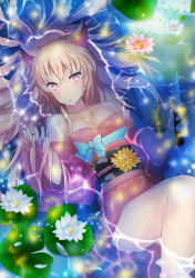 Rule 34 | 1girl, :o, absurdres, afloat, animal ears, bare shoulders, blonde hair, breasts, breasts apart, bug, cleavage, collarbone, fireflies, firefly, floating hair, floral print, flower, from above, hair between eyes, highres, holding, holding knife, holding own hair, insect, japanese clothes, kimono, knee up, knife, lily pad, long hair, looking at viewer, looking away, lotus, lying, medium breasts, nyaha, obi, off shoulder, on back, original, pink eyes, print legwear, raised eyebrows, reflection, refraction, sash, shadow, short kimono, solo, sparkle, water drop