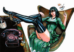 Rule 34 | 1girl, absurdres, black footwear, black hair, boots, breasts, cameo, chair, coffee, coffee cup, coffee mug, collared dress, crossed ankles, crossed legs, cup, desk, disposable cup, dress, fingernails, fubuki (one-punch man), full body, green eyes, high heel boots, high heels, highres, jewelry, jigme tenzin wangchuk, large breasts, leather, leather boots, legs up, licking lips, long dress, long legs, marker (medium), mug, murata yuusuke (style), necklace, office chair, official style, one-punch man, patent boots, patent heels, phone, pin, red dress, saitama (one-punch man), short hair, sleeves pushed up, solo, stiletto boots, stiletto heels, swivel chair, telekinesis, thick thighs, thighhighs, thighs, tongue, tongue out, traditional media, white background