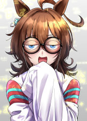 Rule 34 | 1girl, agnes tachyon (umamusume), ahoge, bespectacled, brown hair, commentary request, dot nose, earrings, equation, facing viewer, glasses, glint, grey background, hand up, highres, ishii takuma, jewelry, lab coat, long hair, math, open mouth, single earring, sleeves past fingers, sleeves past wrists, solo, sparkle, umamusume, upper body