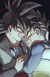 Rule 34 | 2boys, armor, bara, black hair, blue bodysuit, bodysuit, chest armor, chimachimadb, clenched teeth, cropped, dougi, dragon ball, dragon ball super, evil smile, gloves, goku black, hand on another&#039;s head, holding another&#039;s wrist, jewelry, looking at another, male focus, multiple boys, muscular, muscular male, ring, saiyan armor, short hair, smile, spiked hair, teeth, vegeta, white gloves, yaoi