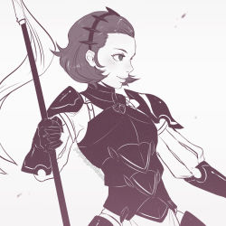 Rule 34 | 1girl, :d, armor, artist name, blush, breastplate, buckle, fire emblem, fire emblem fates, from side, gauntlets, green eyes, hairband, holding, holding weapon, koyorin, lance, long sleeves, looking afar, monochrome, nintendo, open mouth, polearm, puffy long sleeves, puffy sleeves, short hair, shoulder pads, simple background, smile, solo, sophie (fire emblem), spot color, watermark, weapon, web address, white background
